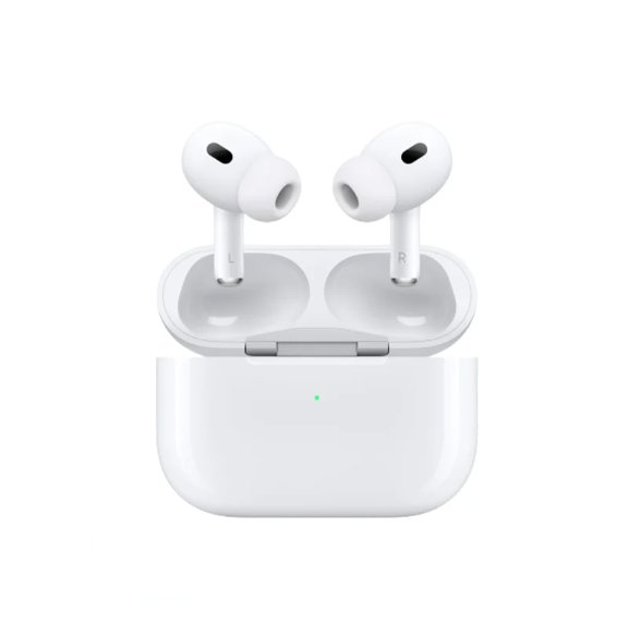 AirPods Pro (2nd Generation) wireless earbuds with white silicone ear tips and a compact MagSafe charging case, featuring a sleek and minimalist design, placed on a clean white background.