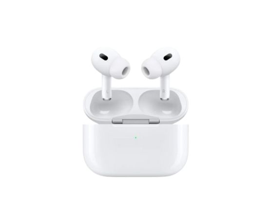 AirPods Pro (2nd Generation) wireless earbuds with white silicone ear tips and a compact MagSafe charging case, featuring a sleek and minimalist design, placed on a clean white background.