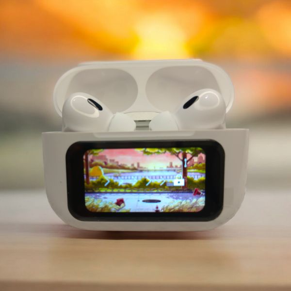 AirPods Pro A9 TWS with active noise cancellation (ANC) and environmental noise cancellation (ENC), featuring a compact design, LED touch screen display, and immersive sound quality for a premium wireless audio experience. tws