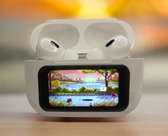 AirPods Pro A9 TWS with active noise cancellation (ANC) and environmental noise cancellation (ENC), featuring a compact design, LED touch screen display, and immersive sound quality for a premium wireless audio experience. tws