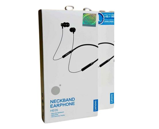 Lenovo HE05 Neckband Earphone with Bluetooth connectivity, ergonomic neckband design, deep bass, and noise isolation, offering long battery life and a comfortable fit for workouts and daily use.